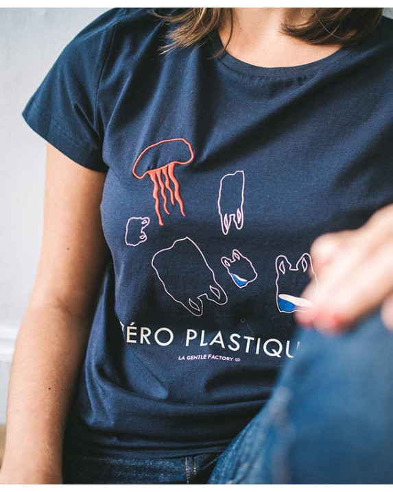 Tee-shirt Déborah "Zéro Plastique" bleu en coton bio - Vue détail print et broderie