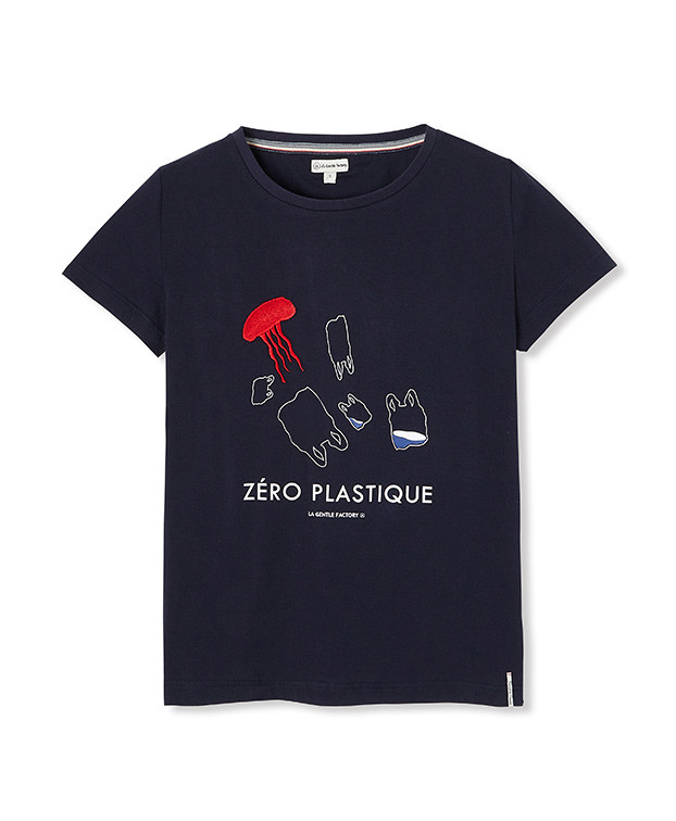 Tee-shirt Déborah "Zéro Plastique" bleu en coton bio - Vue complète Tee-shirt Déborah "Zéro Plastique" bleu en coton bio - Vue complète