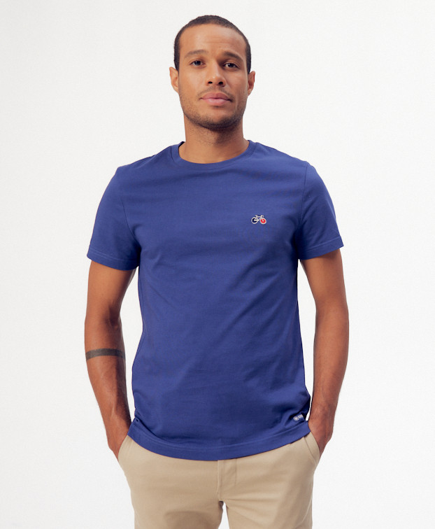 Tee-shirt Baptiste brodé bleu indigo en coton bio -Vue face