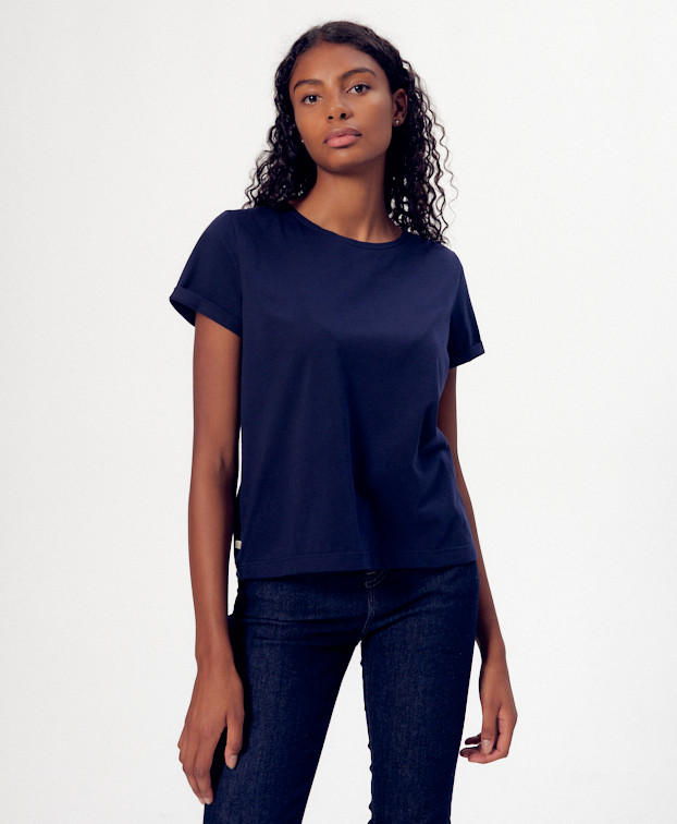 Tee-shirt Rose bleu en coton bio – La Gentle Factory – Vue de face zoom