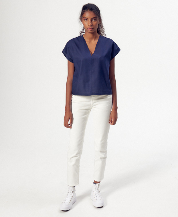 Top Sarah bleu en coton bio – La Gentle Factory – Vue de face Top Sarah bleu en coton bio – La Gentle Factory – Vue de face