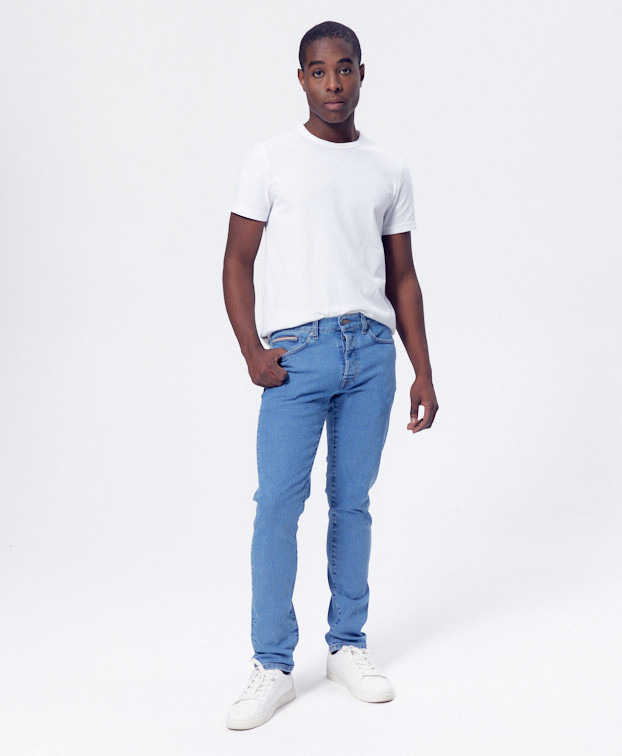 Jean Jacky slim bleu jean en coton bio - L32 - La Gentle Factory - Vue devant