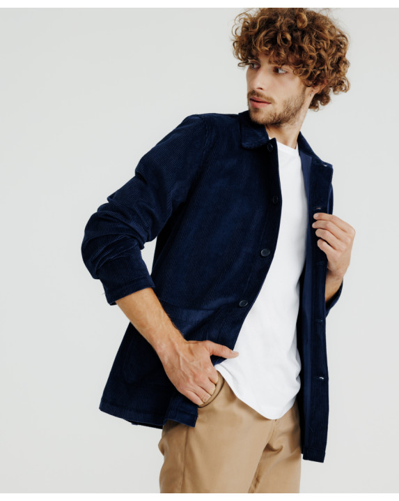 VESTE DE TRAVAIL VELOURS VALERIEN BLEU -La Gentle Factory- vue de profil