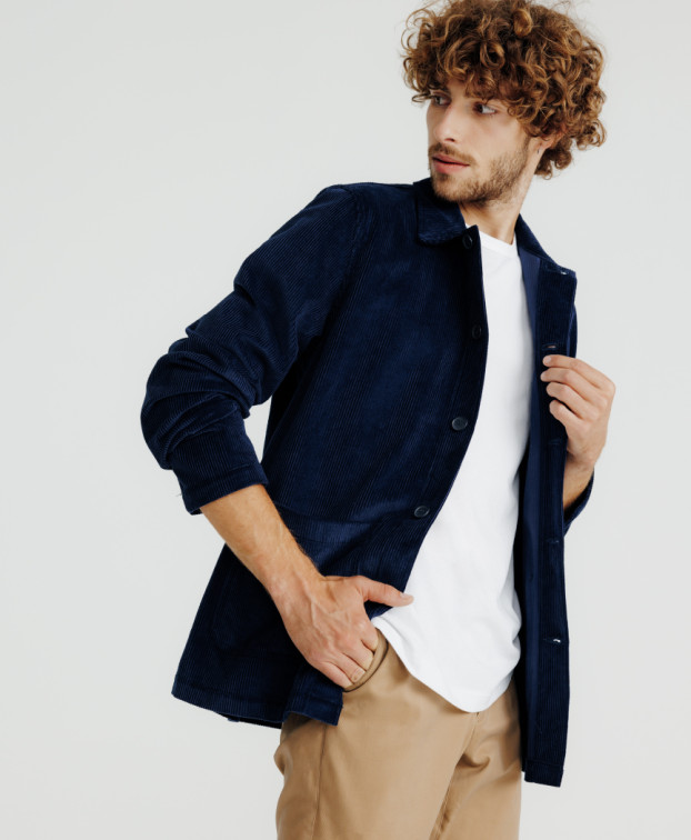VESTE DE TRAVAIL VELOURS VALERIEN BLEU -La Gentle Factory- vue de profil