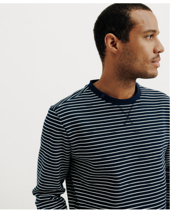 Sweat Paul Bleu Marine Rayé en coton recyclé - vue profil