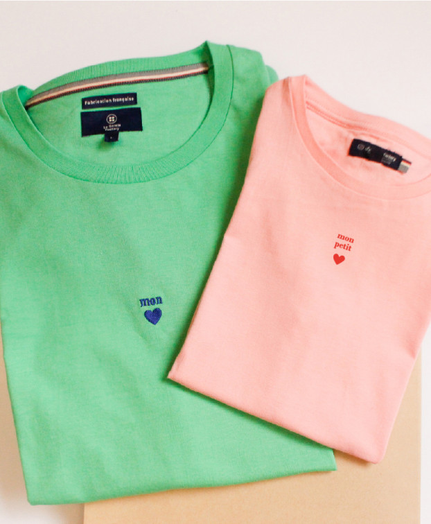 Tee-shirt Bertin brodé "mon petit coeur" rose clair en coton bio - duo papa