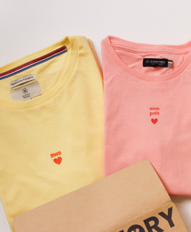 Tee-shirt Bertin brodé "mon petit coeur" rose clair en coton bio - duo
