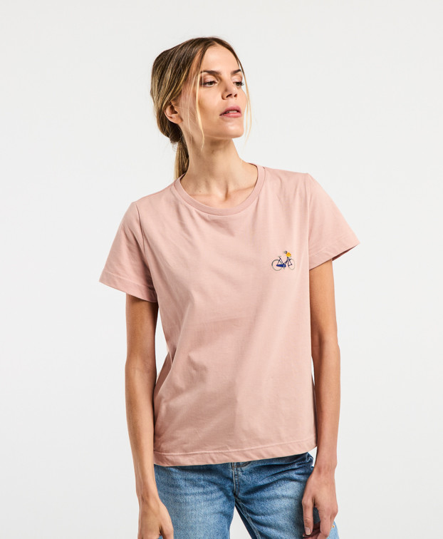 Tee-shirt Brune brodé vélo vieux rose en coton bio made in France - vue face