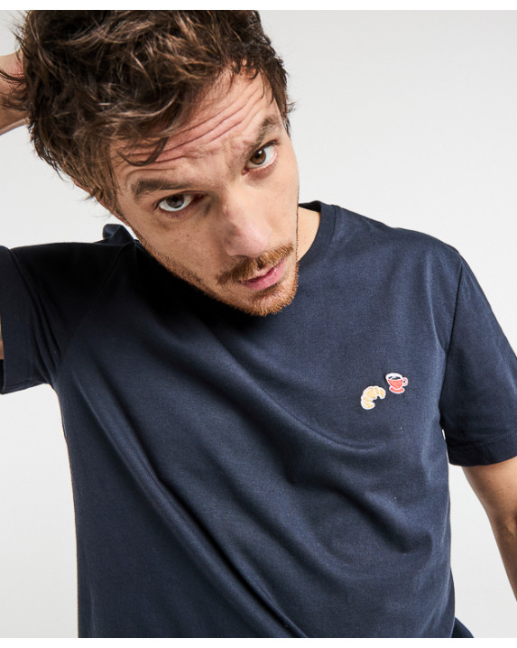 Tee-Shirt Baptiste "Café croissant" bleu marine foncé en coton bio - vue face