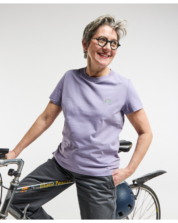 Tee-Shirt Brunette Vélo mauve en coton bio - vue face