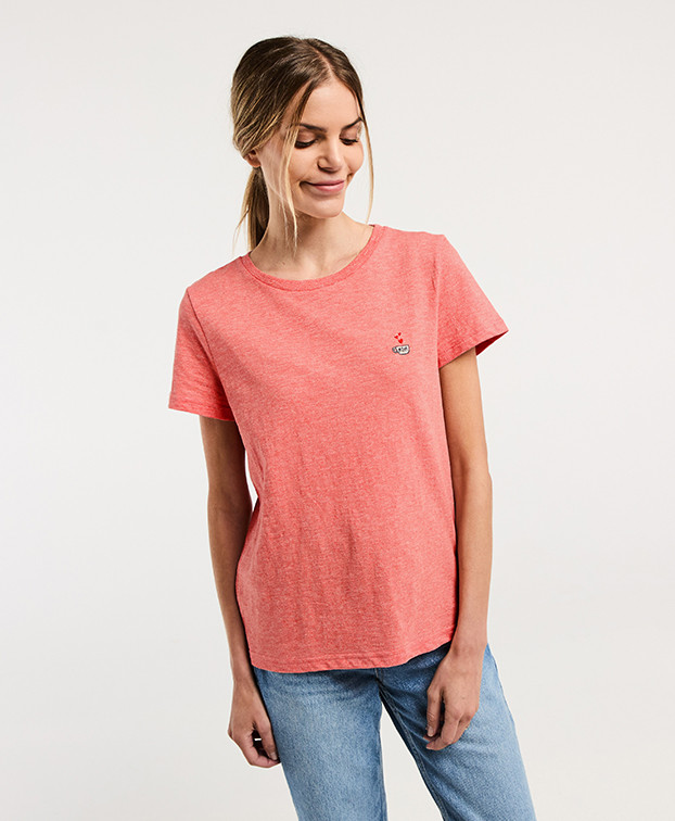 Tee-shirt Brune  brodé tasse cœur rouge fantaisie en coton bio