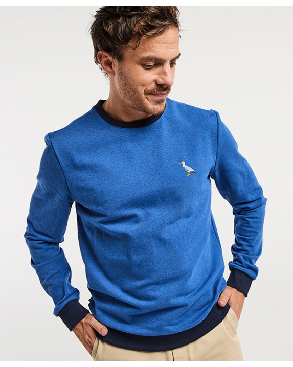 Sweat Benoit brodé Goéland bleu chiné en coton recyclé - vue devant