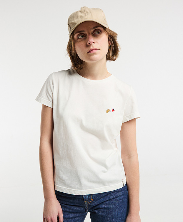 T-shirt femme Made in France écru brodé café croissant Coton Bio - La Gentle Factory