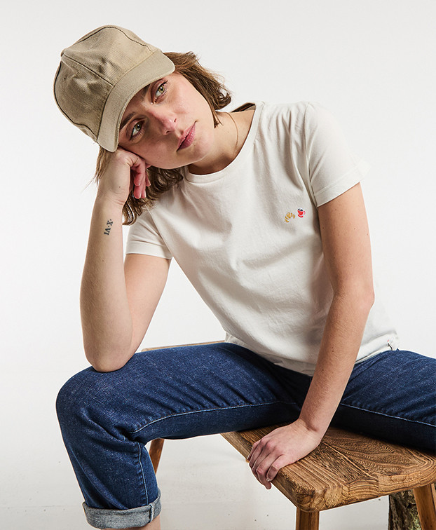 T-shirt femme Made in France écru brodé café croissant Coton Bio - La Gentle Factory