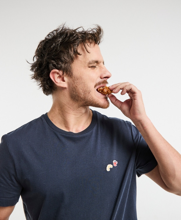 Tee-Shirt Baptiste "Café croissant" bleu en coton bio - vue croissant