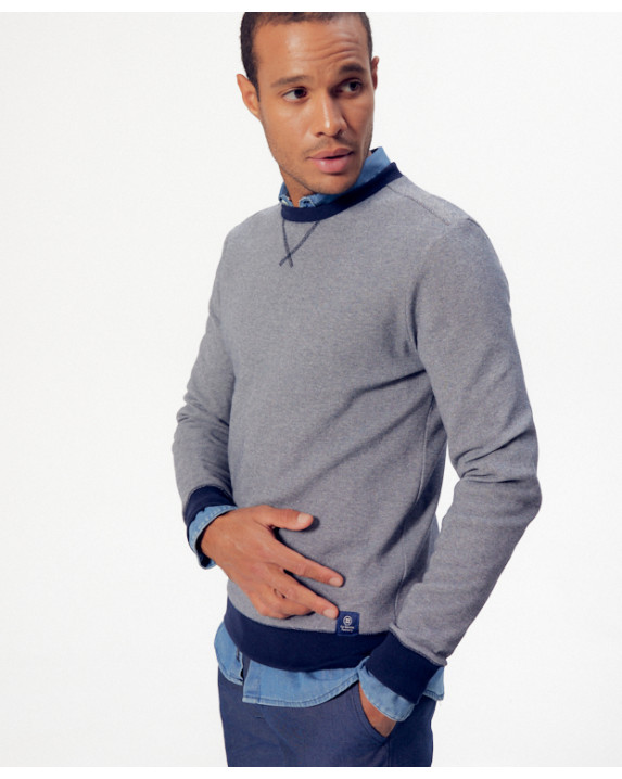 Sweat Paul Piqué bleu chiné en coton recyclé - vue côté