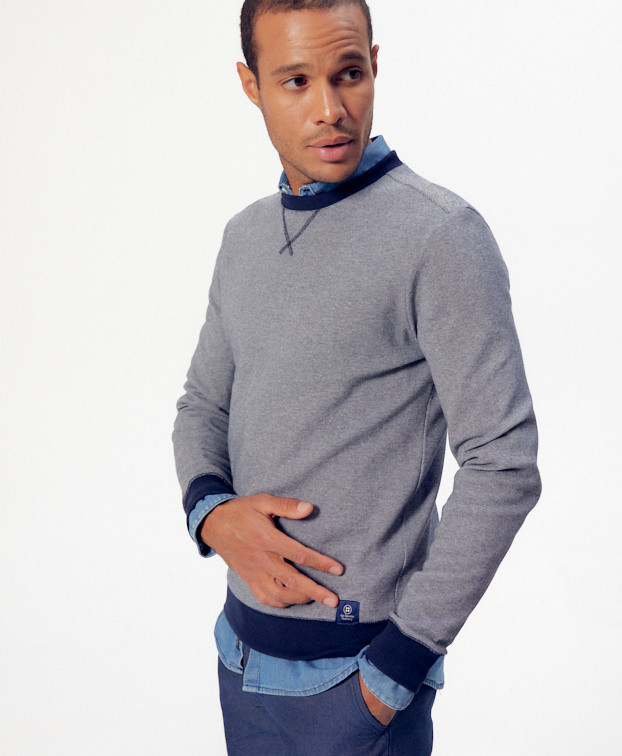Sweat Paul Piqué bleu chiné en coton recyclé - vue côté