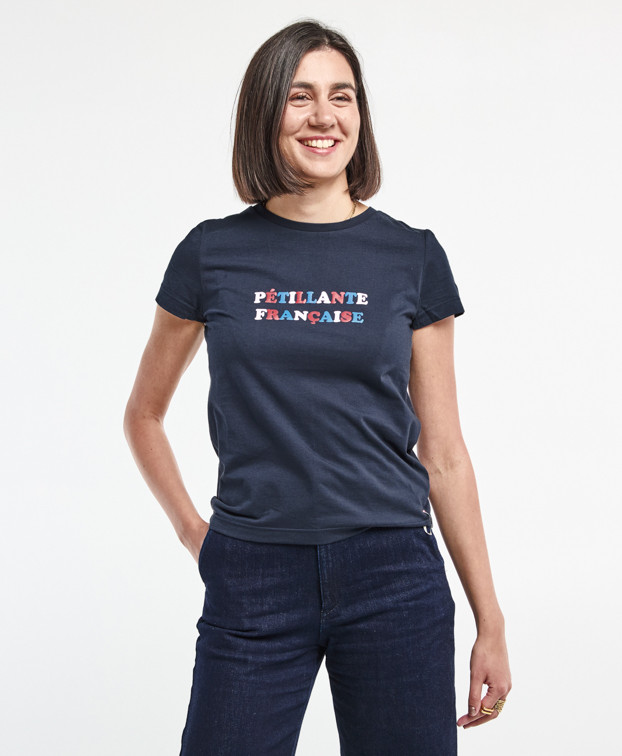 Tee-shirt Palmyre "Pétillante" bleu en coton bio – La Gentle Factory – Vue silhouette