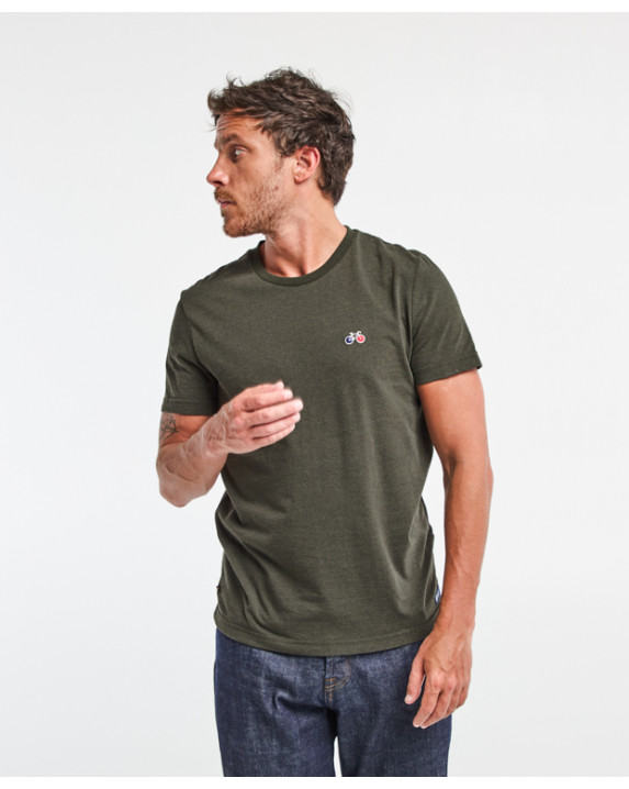 Tee-shirt Barthélémien brodé vélo kaki chiné en coton recyclé - vue devant