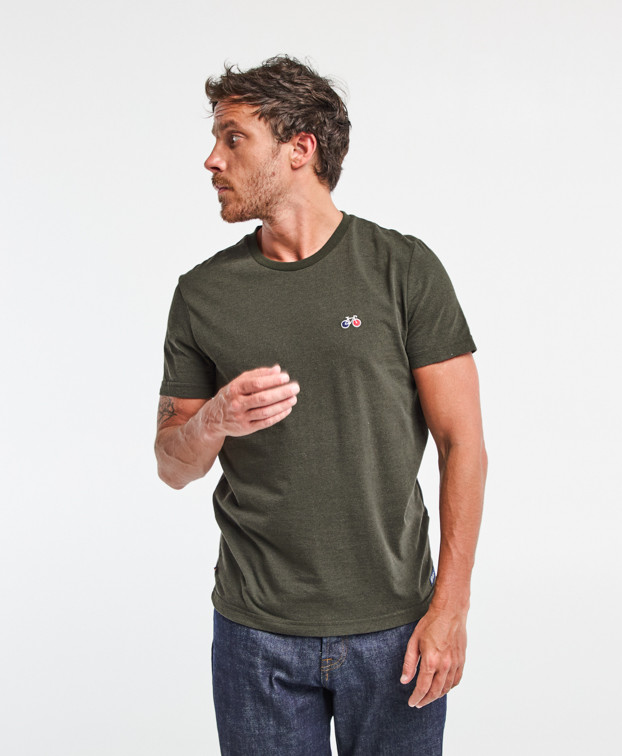Tee-shirt Barthélémien brodé vélo kaki chiné en coton recyclé - vue devant