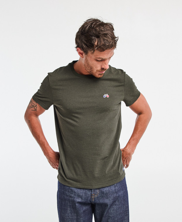 Tee-shirt Barthélémien brodé vélo kaki chiné en coton recyclé - vue face