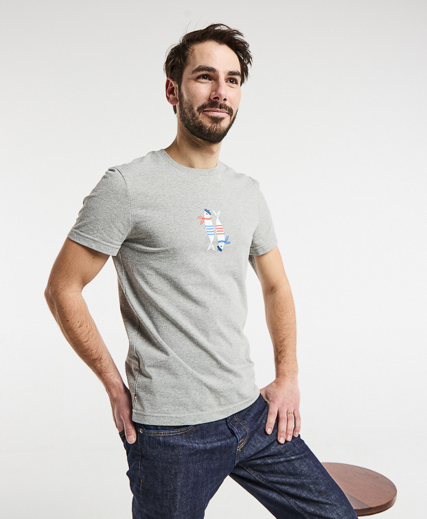 Tee-Shirt Prodige print poisson gris chiné en coton recyclé - vue face