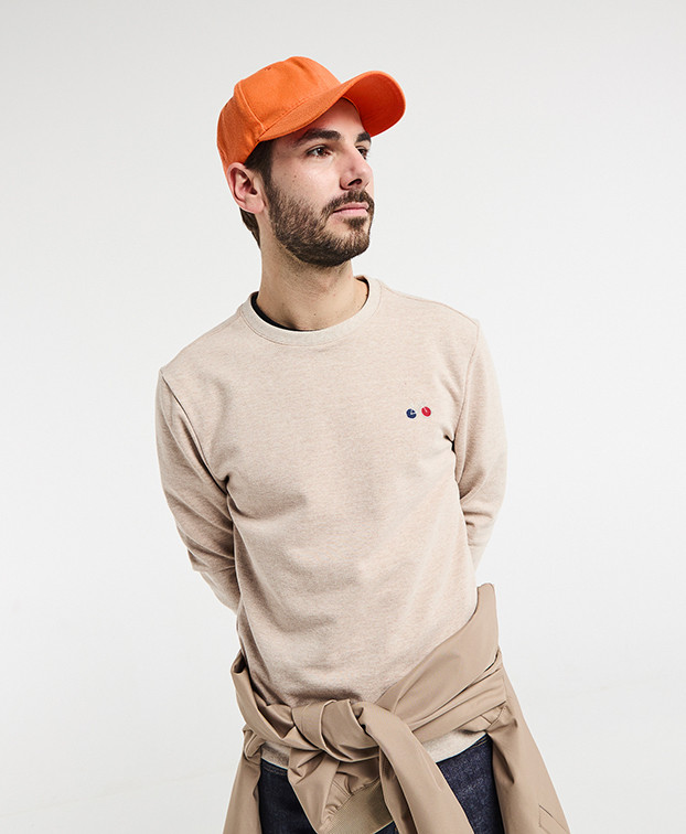 Sweat Basile Brodé Vélo Beige en Coton Recyclé - face