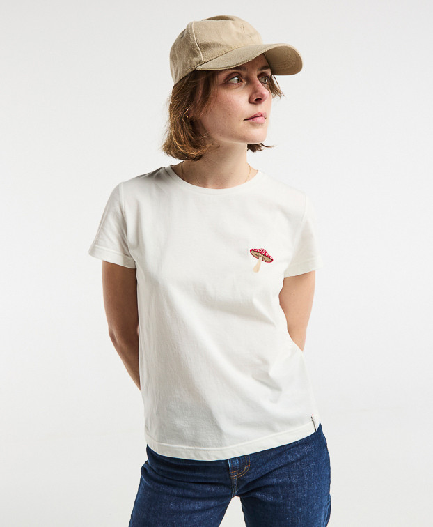 Tee-shirt Blanche made in France brodé champignon écru en coton bio - vue face