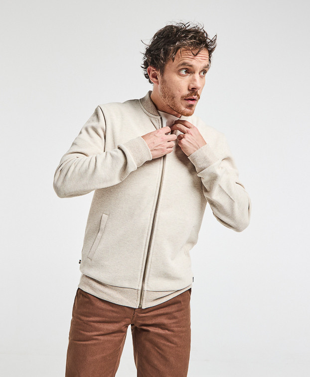 Sweat Pedro zip beige clair en coton recyclé - vue zip fermé