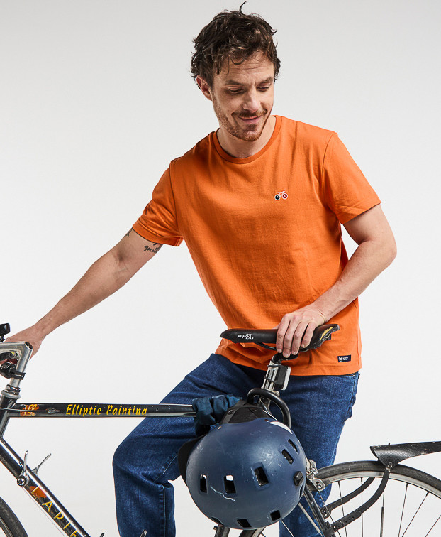 Tee-shirt Barthélémien brodé vélo orange en coton recyclé - vue face