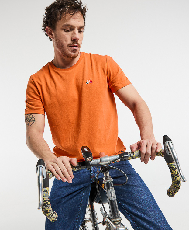 Tee-shirt Barthélémien brodé vélo orange en coton recyclé - vue devant