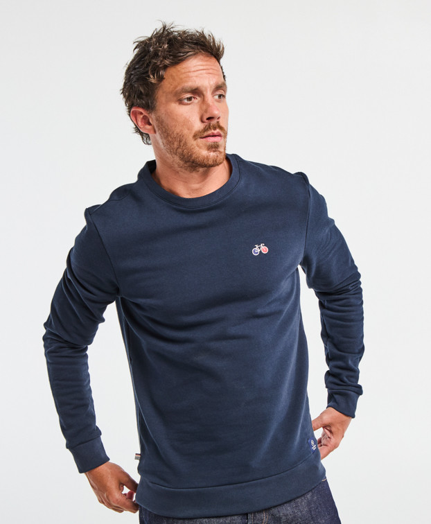 Sweat Benoit Vélo brodé bleu marine en coton bio - buste