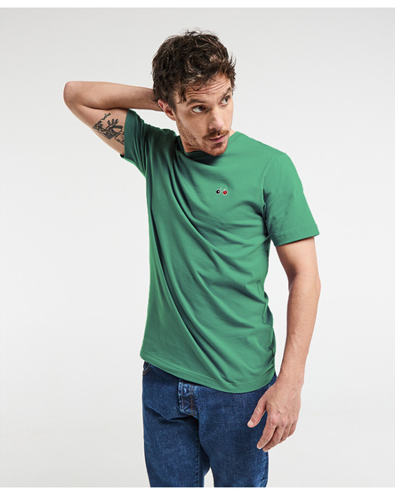 Tee-shirt Barthélémien brodé vélo vert olive en coton bio - face
