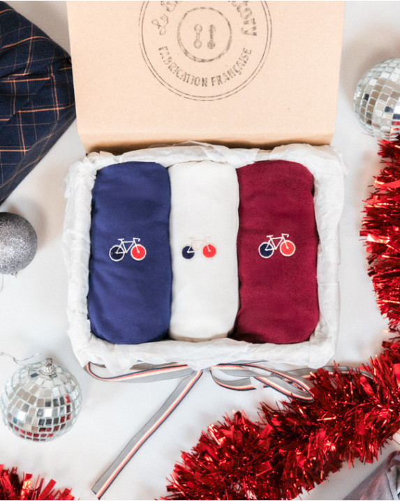 Coffret 3 Tee-shirts Barthélémien brodés vélo écru & indigo et bordeaux en coton bio - pack
