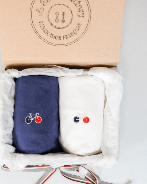 Coffret 2 Tee-shirts Barthélémien brodés vélo écru et indigo en coton bio - pack