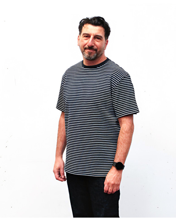 Tee-shirt Isao lourd piqué en marine rayé gris fabriqué en France - face