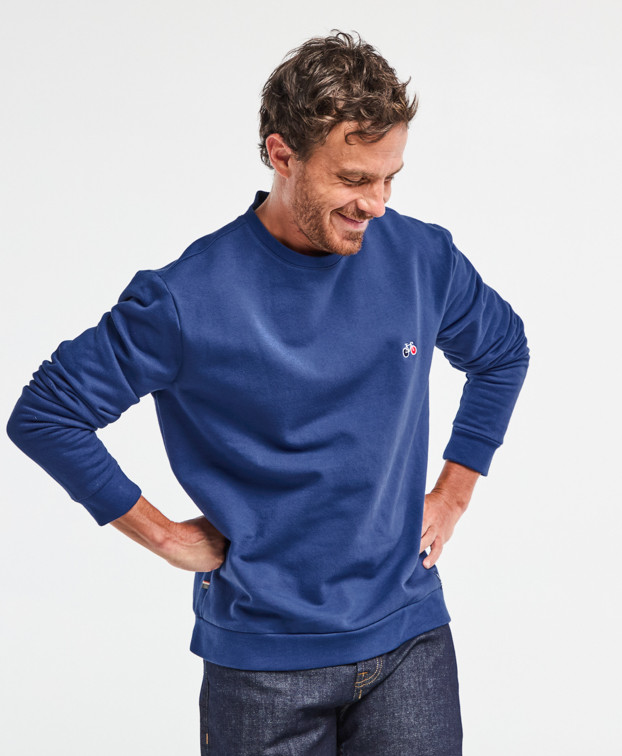 Sweat Benoit Vélo brodé bleu indigo en coton bio - face