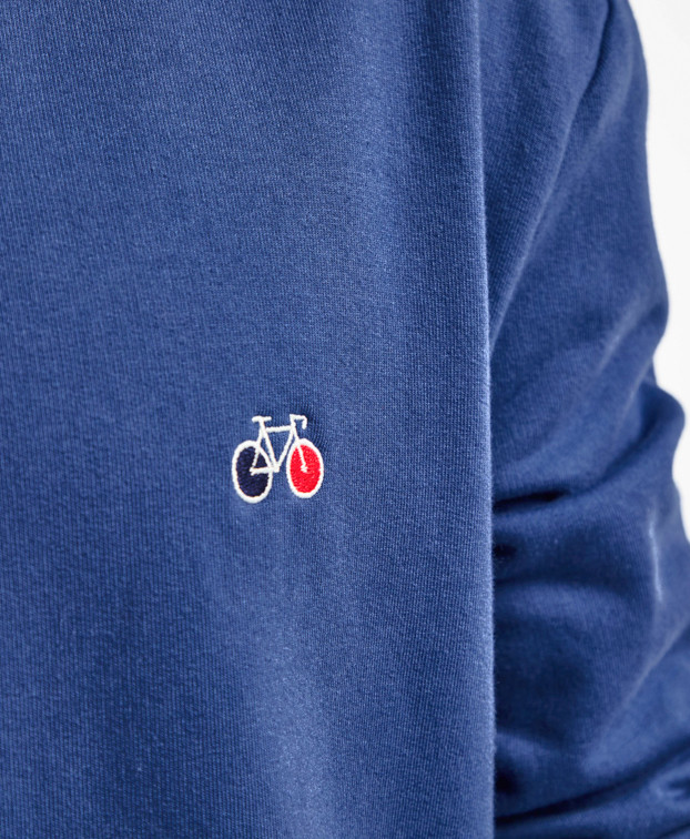 Sweat Benoit Vélo brodé bleu indigo en coton bio - zoom