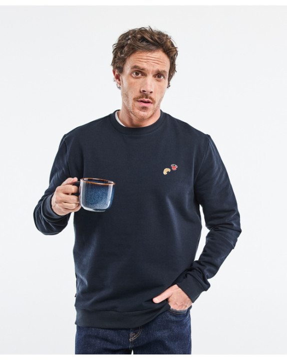 Sweat Benoit brodé " Café Croissant " marine en Coton bio - face
