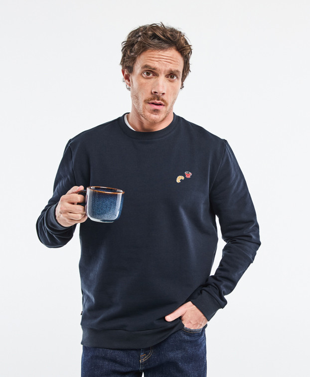 Sweat Benoit brodé " Café Croissant " marine en Coton bio - face