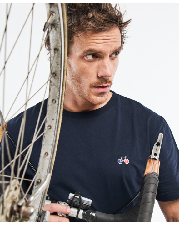 Tee-shirt Barthélémien brodé vélo marine en coton bio - face avec vélo