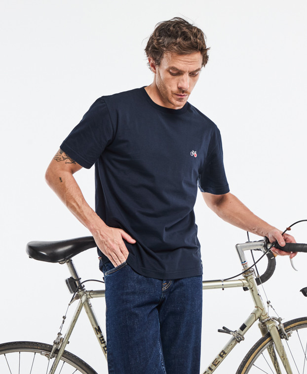 Tee-shirt Barthélémien brodé vélo marine en coton bio - face