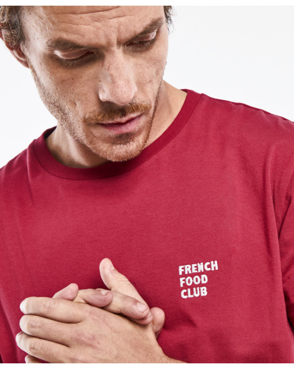 Tee-shirt Barthélémien brodé "French Food Club" bordeaux en coton bio - zoom