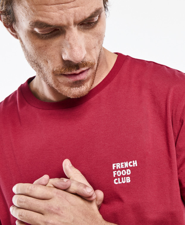 Tee-shirt Barthélémien brodé "French Food Club" bordeaux en coton bio - zoom
