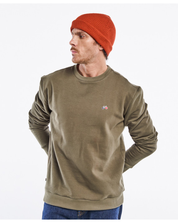 Sweat Benoit brodé vélo kaki en coton biologique - face