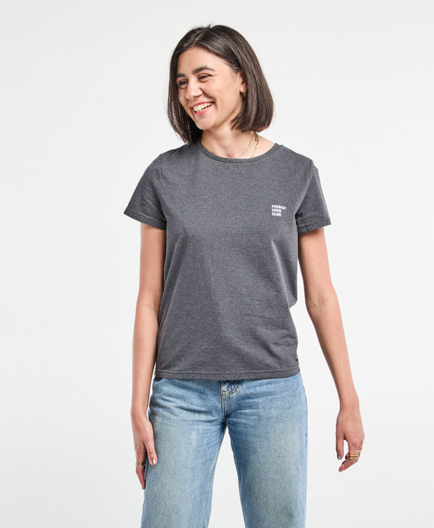 Tee-shirt Blanche brodé "French Food club" gris chiné Made in France - face