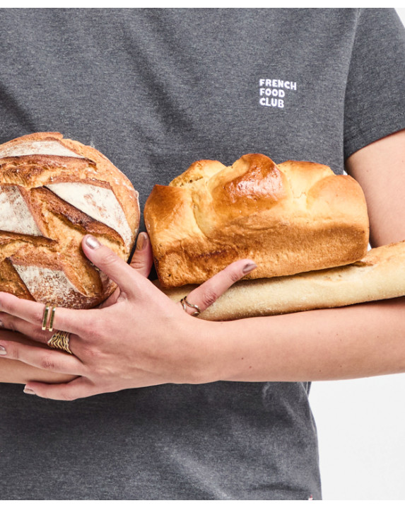 Tee-shirt Blanche brodé "French Food club" gris chiné Made in France - boulangerie