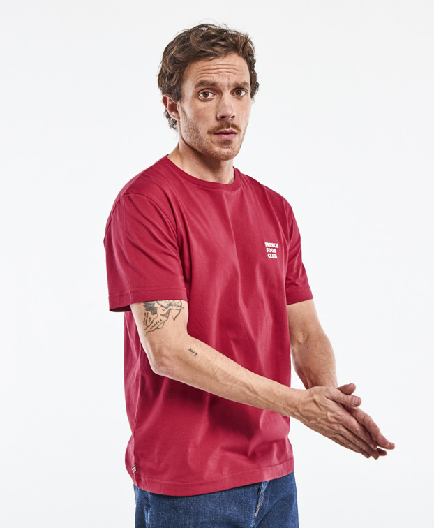 Tee-shirt Barthélémien brodé "French Food Club" bordeaux en coton bio - profil
