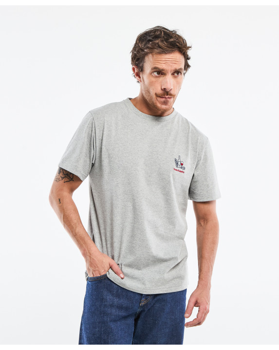 Tee-shirt Barthélémien brodé " french Apéro" gris chiné en coton recyclé - face