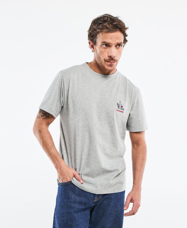 Tee-shirt Barthélémien brodé " french Apéro" gris chiné en coton recyclé - face